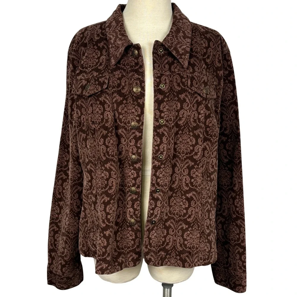 Dressbarn Corduroy Jacket Womens XL Brown Damask Print Snap Button Shacket‎